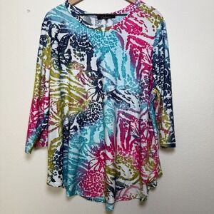 Calessa Women Top 2X  Multicolor Textured‎ 3/4 Sleeve Arsty Lagenlook Crewneck